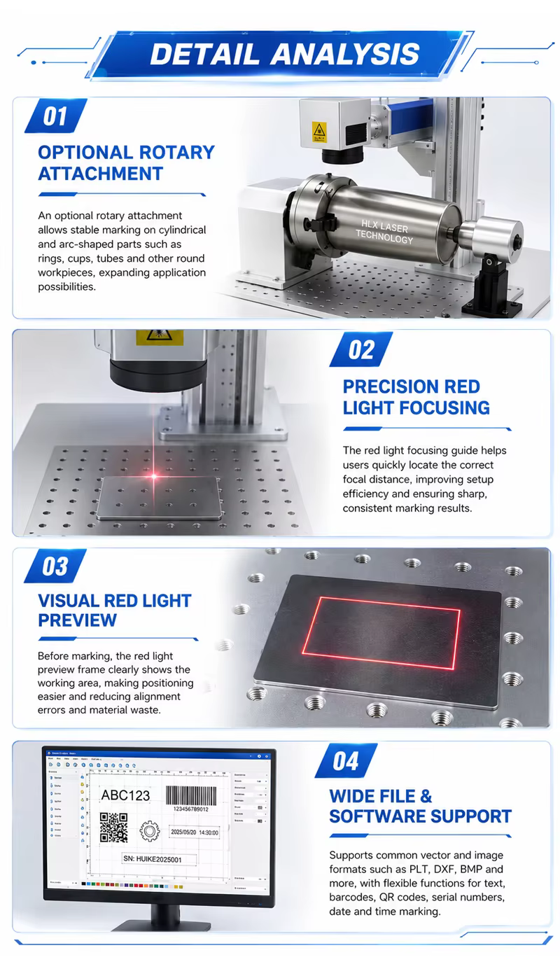 UV laser marking machine detail - rotary attachment, red light focusing, EZCAD software